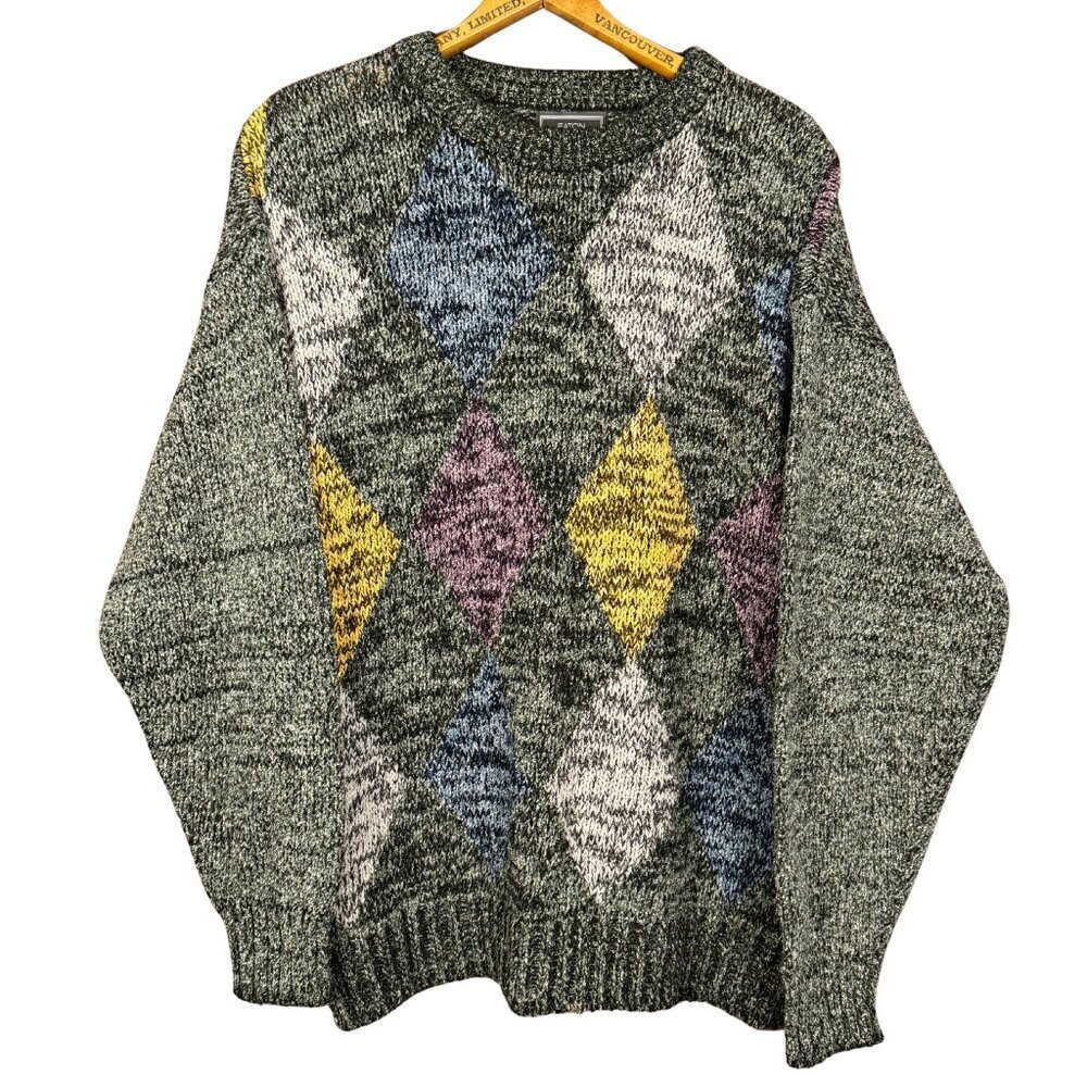 Vintage 90s Argyle Knit Sweater Wool Blend Green Eclectic Clothing